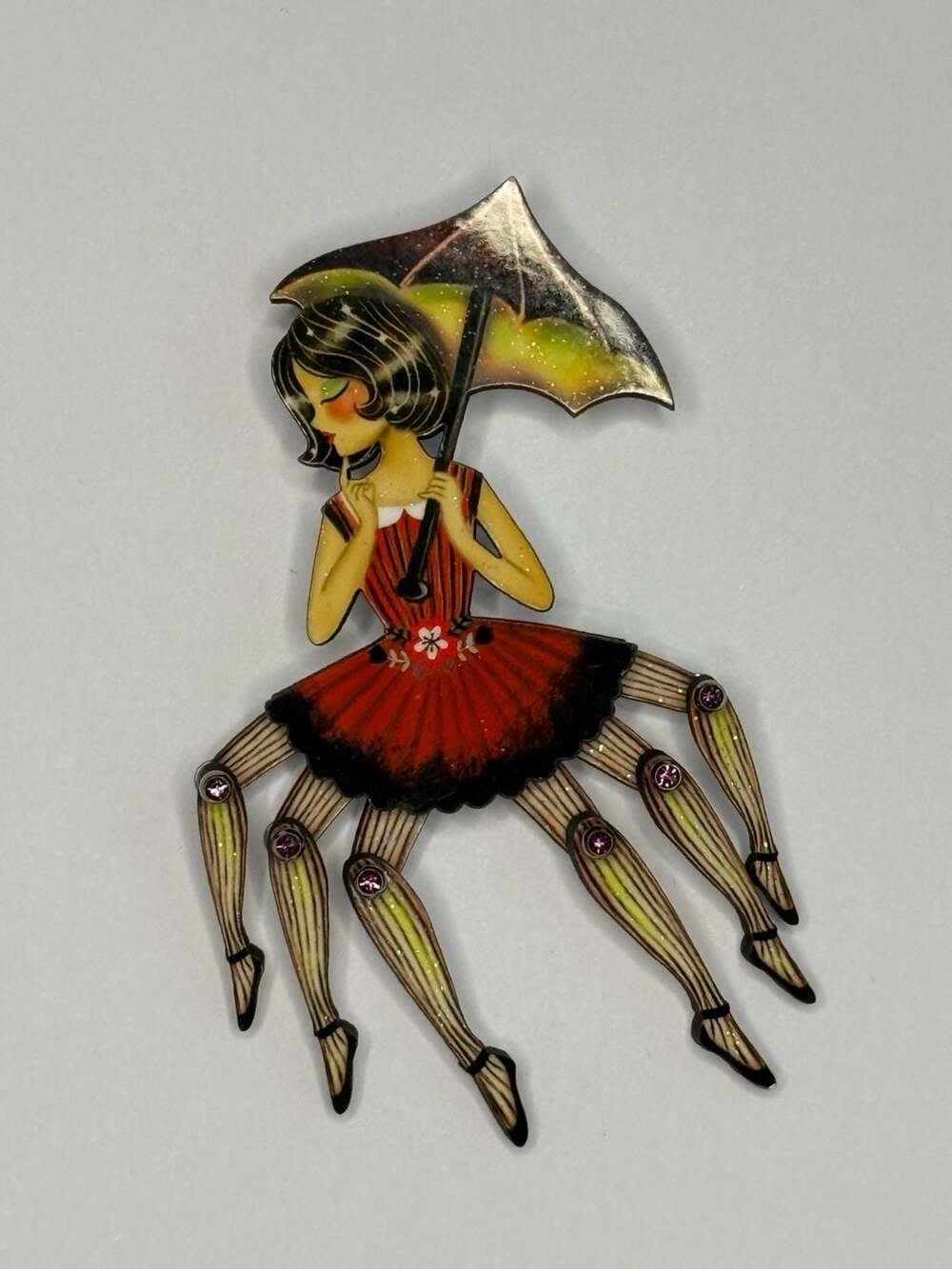 LaliBlue Spider Woman Brooch Articulated Wooden Pin